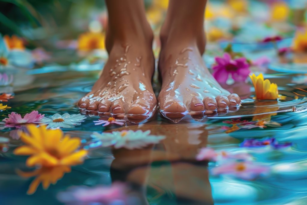a person standing in water with flowers on the ground
